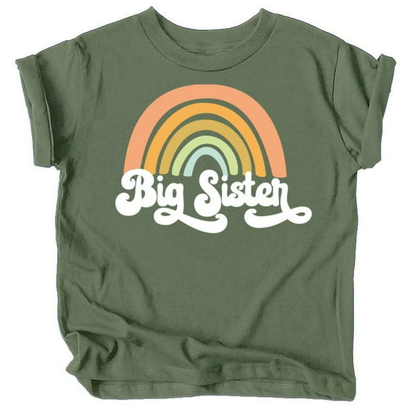 Retro Rainbow Big Sister Sibling Reveal Announcement Shirt for Baby and Toddler Girls Sibling Outfits Military Green Shirt