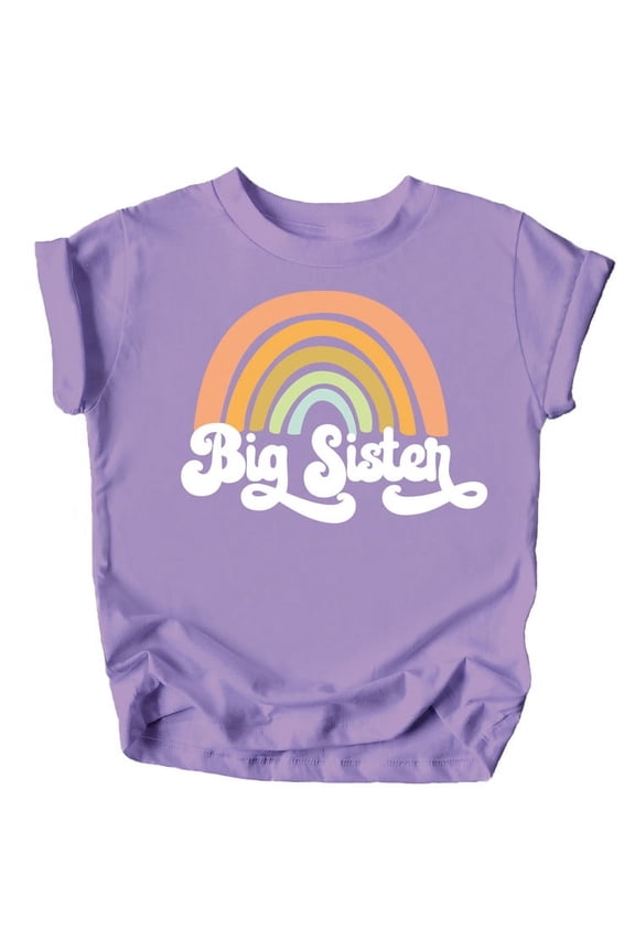 Retro Rainbow Big Sister Sibling Reveal Announcement Shirt for Baby and Toddler Girls Sibling Outfits Purple Shirt