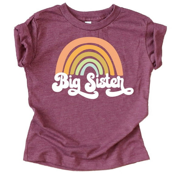 Retro Rainbow Big Sister Sibling Reveal Announcement Shirt for Baby and Toddler Girls Sibling Outfits Vintage Burgundy Shirt 18 Months