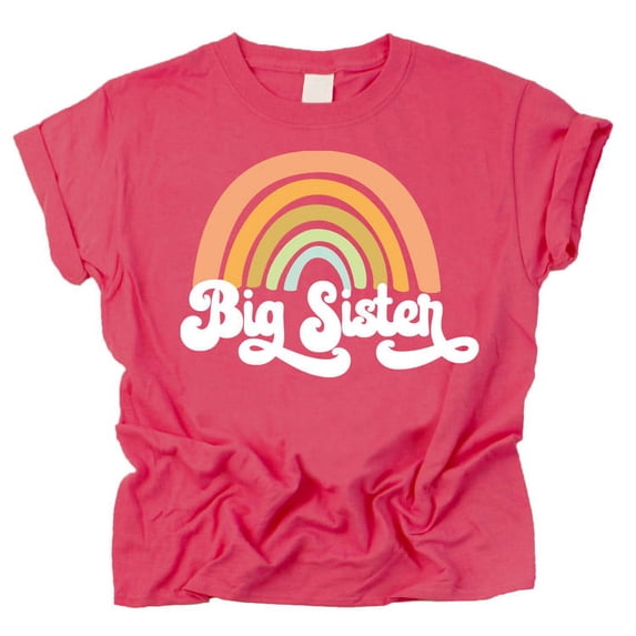 Retro Rainbow Big Sister Sibling Reveal Announcement Shirt for Baby and Toddler Girls Sibling Outfits Vintage Hot Pink Shirt 5/6