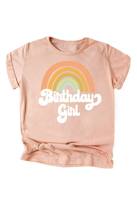 Retro Rainbow Birthday Girl Colorful Shirts for Baby and Toddler Girls Birthday Outfits White on Peach Shirt Youth Medium