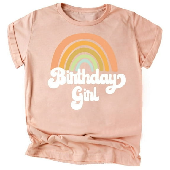 Retro Rainbow Birthday Girl Colorful Shirts for Baby and Toddler Girls Birthday Outfits White on Peach Shirt Youth Small