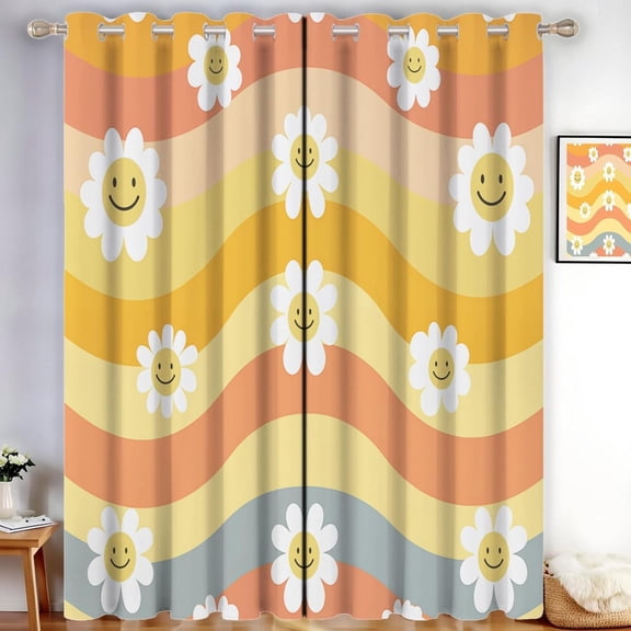 Retro Rainbow Blackout Curtains For Living Room Smiling Daisy Darkening Curtains Thermal Insulated Light Blocking Drapes Grommet For Bedroom Bathroom 52"W x 84"L (Pack of 2)