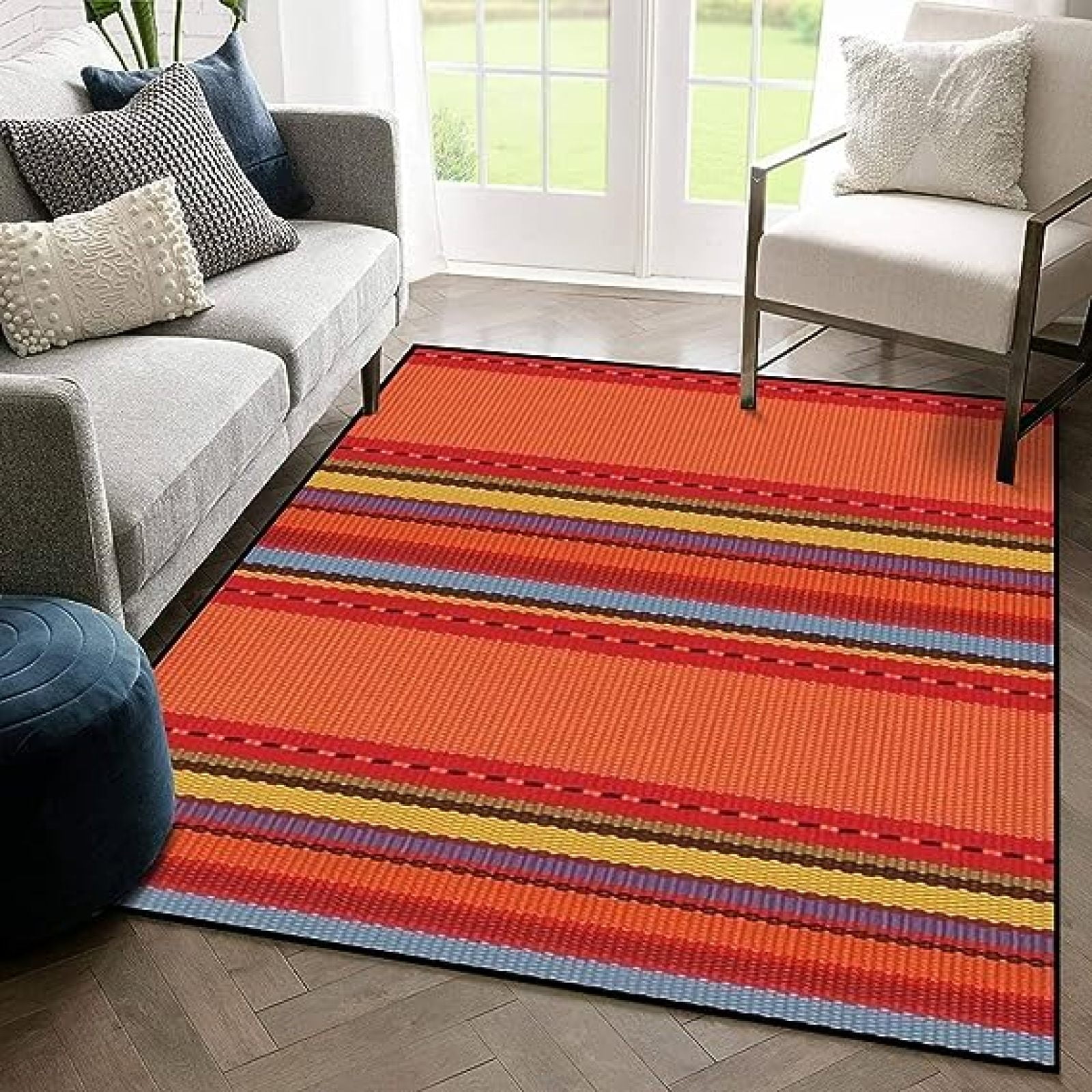 Retro Rainbow Large Area Rugs, Yellow Blue Stripes Runner Rugs, Non