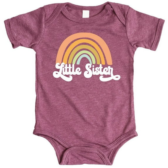 Retro Rainbow Little Sister Sibling Reveal Announcement Bodysuit for Baby Girls Sibling Outfits Vintage Burgundy Bodysuit 6 Months