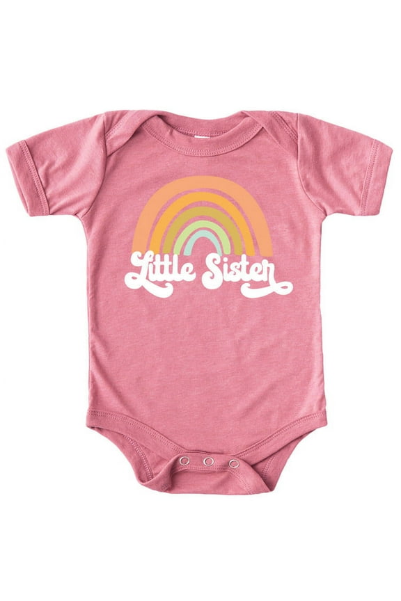 Retro Rainbow Little Sister Sibling Reveal Announcement Bodysuit for Baby Girls Sibling Outfits White on Mauve Bodysuit 12 Months