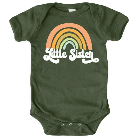 Retro Rainbow Little Sister Sibling Reveal Announcement Bodysuit for Baby Girls Sibling Outfits White on Military Green Bodysuit 12 Months