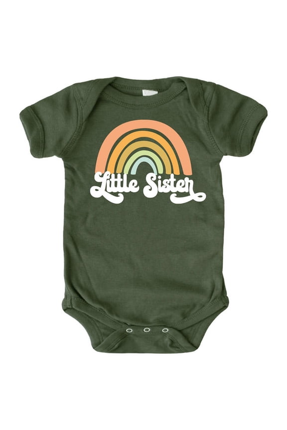 Retro Rainbow Little Sister Sibling Reveal Announcement Bodysuit for Baby Girls Sibling Outfits White on Military Green Bodysuit Newborn