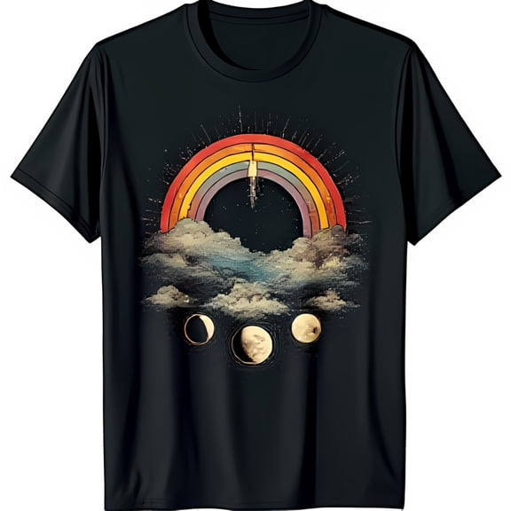 Retro Rainbow & Moons Graphic on Black T-Shirt 70s Inspired Design