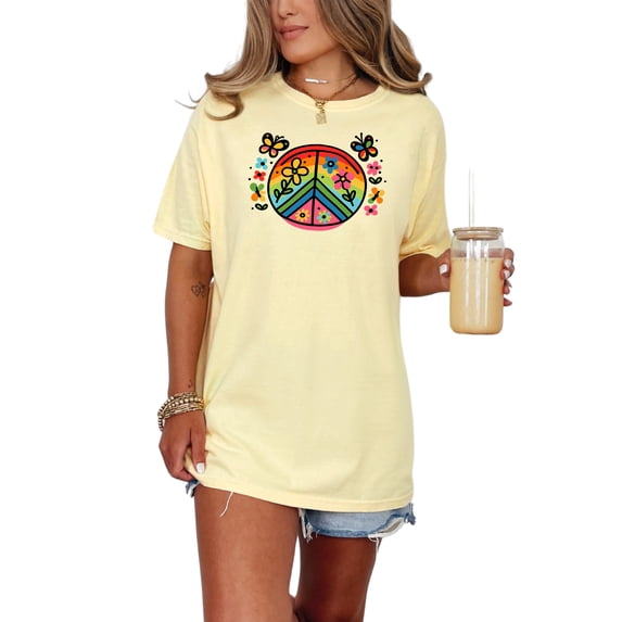 Retro Rainbow Peace Sign Flower Power Vintage Hippie Shirt, Colorful Peace Symbol, Retro Floral Design, Gift for Nature Lovers, Butter Comfort Colors T-Shirt, Medium