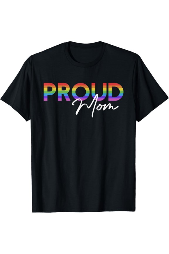 Retro Rainbow Pride Mom T-Shirt LGBTQ+ Support Ally Graphic Tee Black Soft Cotton Mothers Day Gift for Women