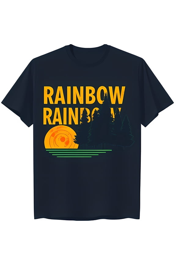 Retro 'Rainbow Rainbow' Graphic T-Shirt with Silhouetted Trees Dark Blue Tee