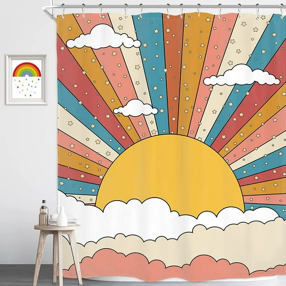 Retro Rainbow Shower Curtain Colorful Sunrise Vintage 70s Teen Girl Hippie 72Wx72H Inch Abstract Geometric Clouds Stars Boho Kids Girly Cute Polyester Fabric Bathroom Bathtub