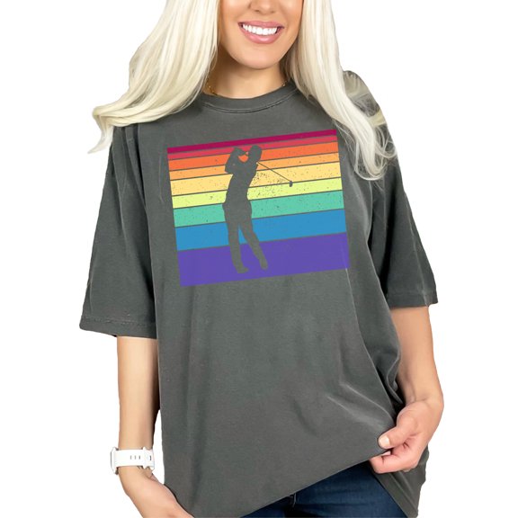 Retro Rainbow Striped Golfer Silhouette, Pepper Comfort Colors T-Shirt, XL