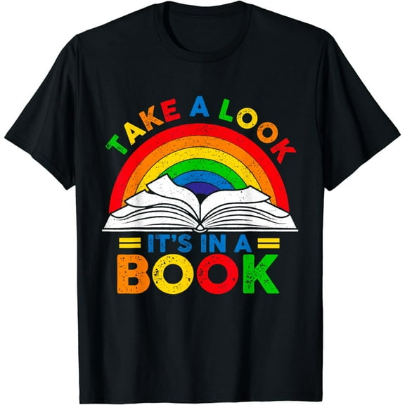 Retro Rainbow Take A Look It's In A Book Reading Bookworm T-Shirt