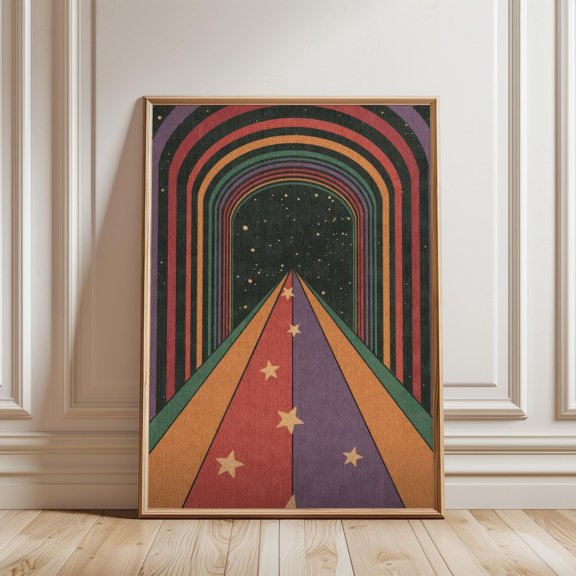 Retro Rainbow Tunnel Psychedelic Cosmic Road Vintage Space Stars Wall Decor, Unframed Poster