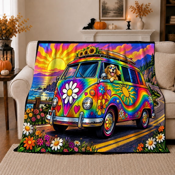 Retro Rainbow Van Beach Sunset, Peaceful Pet Portrait Pattern, Warm Flannel Blanket for Living Room and Bedroom, Dog Lovers Just Because Gift, Pet Lover Home Decor