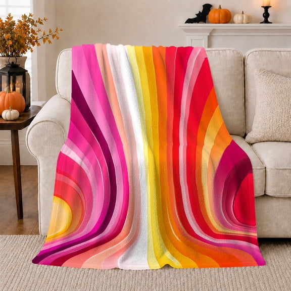 Retro Rainbow Wave Stripes in Pink Orange and Yellow, Bold Abstract Seventies Style Art, Bright Curved Motif Soft Flannel Blanket, Birthday Gift for Dorm and Living Room Home Decor