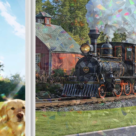 Retro Rainbow Window Privacy Film, Train Motor Vehicle Building Sky Grass Country Scenery Stained Glass Window Film, Sun Blocking Static Cling Non Adhesive Door Stickers 17.7 x 39.3 Inches