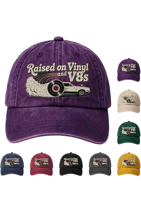 Retro Raised on Vinyl and V8s Dad Hat, Distressed Graphic Baseball Cap Gift for Music and Classic Car Lovers
