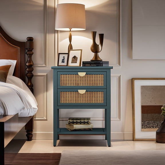 Retro Rattan Nightstand with 2 Drawers, Accent End Bedside Table with Metal Base, Small Side Table with Storage for Bedroom, Living Room