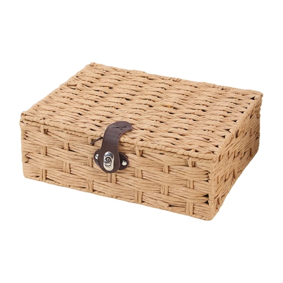 Retro Rattan Suitcase Wicker Storage Basket with Lid Faux Leather Buckle Decorative Coffee Table Box for Makeup Small Items or Gifting Water Hyacinth Woven Lightweight,Large