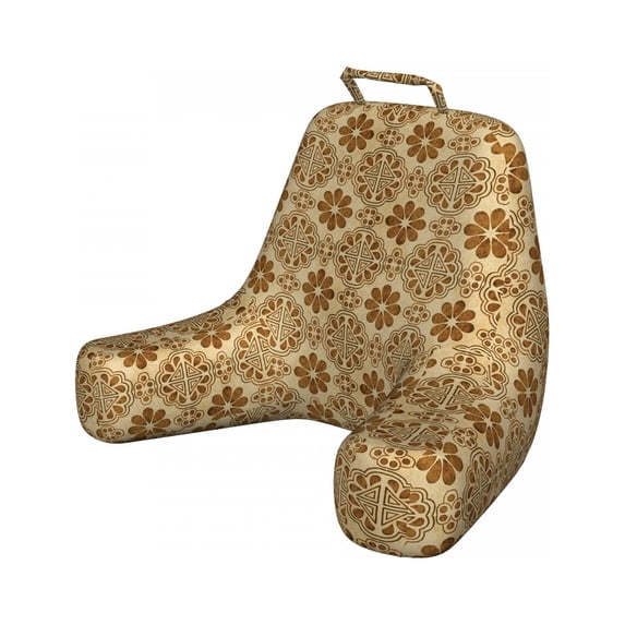 Retro Reading Pillow, Primitive Oriental Composition of Triangles Dots Flower Leaves Repeating Pattern, Bedrest Cushion with Back Pocket and Washable Cover, 2 Sizes, by Ambesonne