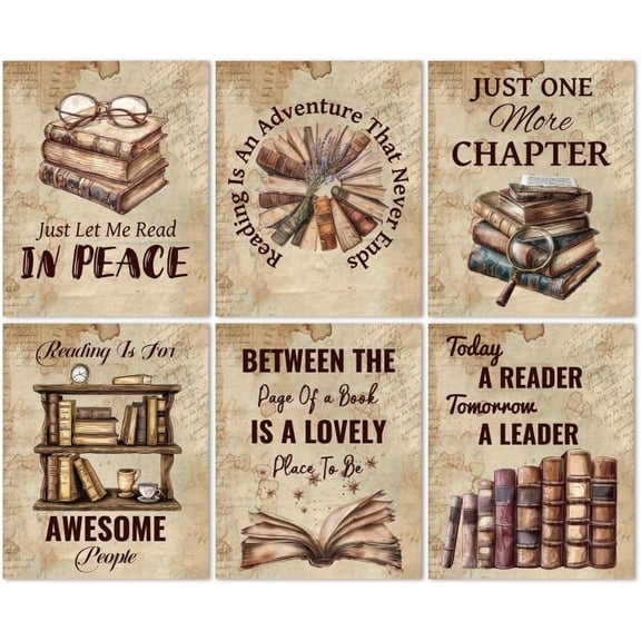 Retro Reading Theme Wall Art Prints Set of 6 Vintage Book Poster Wall Decor Street Art Home Artworks for Library Living Dining Room Bedroom