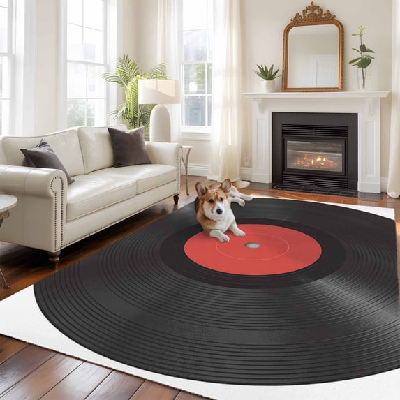 Retro Record Area Rug 5x7 FT, Non Slip Bedroom Throw Carpet, Abstract Vintage Minimalist Art Washable Soft Floor Carpet Non-Shedding Rug for Dining Room Bedside Classroom Desk