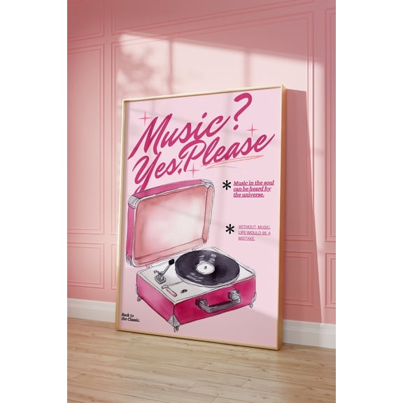 Retro Record Player Art Poster: Pink Music Room Decor, Unframed Canvas Size 16x24