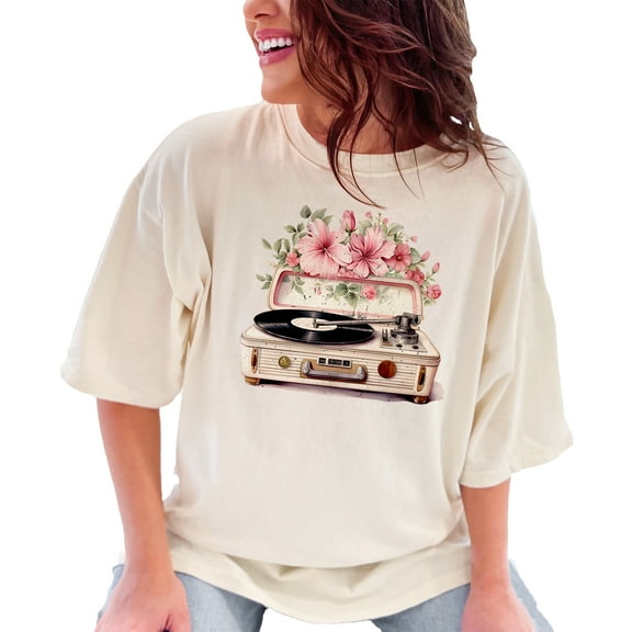 Retro Record Player T-Shirt, Vintage Floral Vinyl Tee, Music Lover's Graphic Tee, Vintage Music T-Shirt, Retro Vinyl Record Flowers Shirt, Ivory Comfort Colors T-Shirt, 2XL