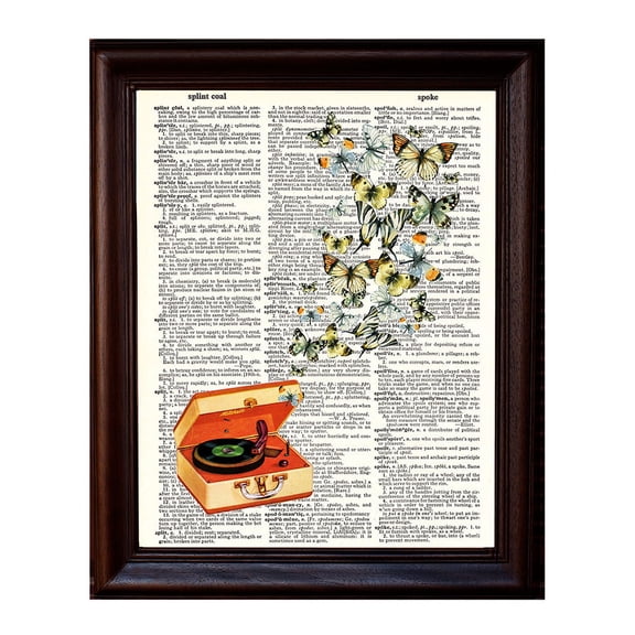 Retro Record Player and Butterflies - Dictionary Art Print Printed On Authentic Vintage Dictionary Book Page - 8 x 10.5