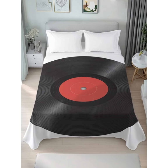 Retro Record Queen Size Flat Sheet, Wrinkleproof & Fadeproof Cooling Flat Bed Sheet Only, Abstract Vintage Minimalist Art Breathable Soft Bedding Top Sheets 90 x 102 Inches