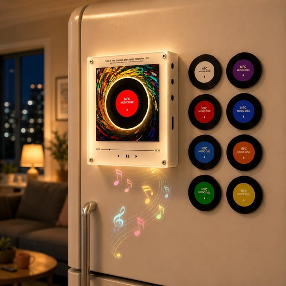 Retro Record Refrigerator Magnet NFC Music Player with 9 Programmable Discs 128MB DIY Programmable MP3 Jukebox with LED Ambiance Light & Type-C Cable, Birthday Christmas Gift Home Decor