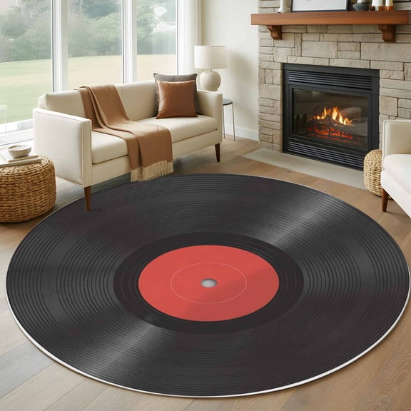 Retro Record Round Area Rug 6 FT, Non Slip Bedroom Rugs, Abstract Vintage Minimalist Art Washable Soft Circular Carpet Non-Shedding Floor Mat for Kitchen Dining Room Home Office Kids Room