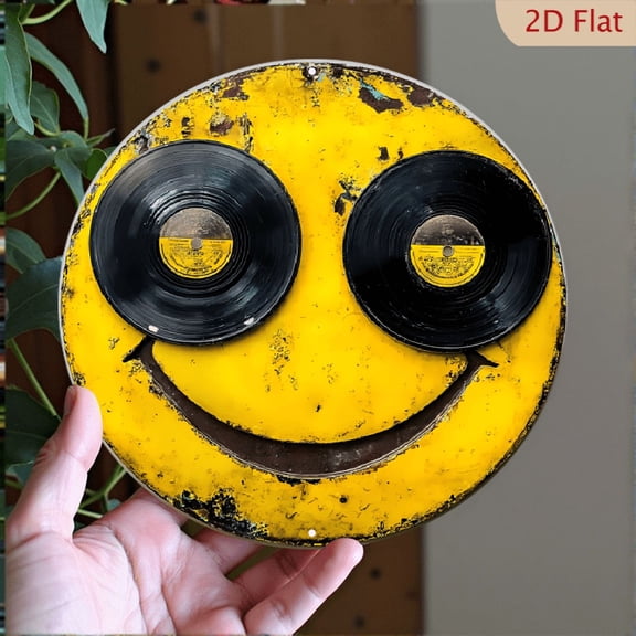 "Retro Record Smiley" Vintage Pop Art Wall Decor, 8" Round Aluminum Metal Signs, Wall Decor For Kitchen, Door, Office, Bedroom Decor, Best Gifts For Room, Home, Bathroom Decor, Weird Decor, 2D Flat