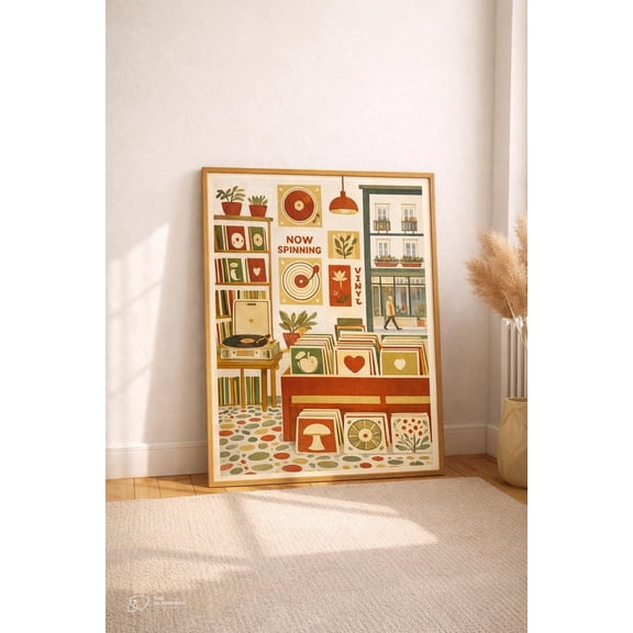 Retro Record Store Illustration Now Spinning Music Wall Art Poster for Home Decor 8x12 UNFRAMDE