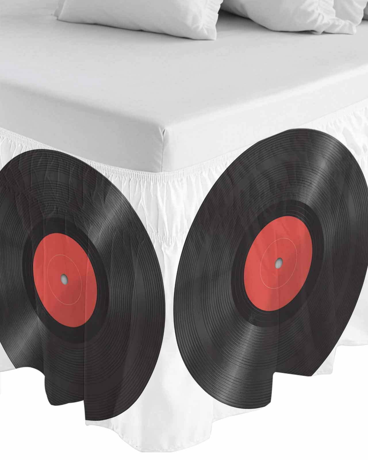 Retro Record Wrap Around Bed Skirts for Queen Bed 16" Drop, Bed Skirt with Adjustable Elastic Belt Dust Ruffle Bed Valance for Bedroom Hotel Luxury Abstract Vintage Minimalist Art Bed Frame Cover