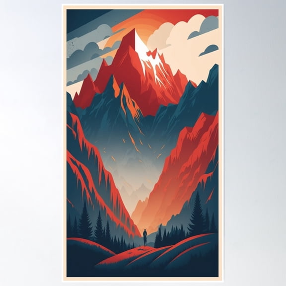 Retro Red And Blue Mountain Landscape Poster Wall Art, Modern Wall Decor, 8x12 UNFRAMED