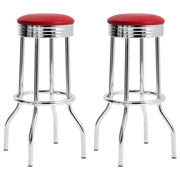 Retro Red Bar Stools Set of 2 with Base, 30 Inch Metal Bar Height Stools for Kitchen Counter or Dining Room