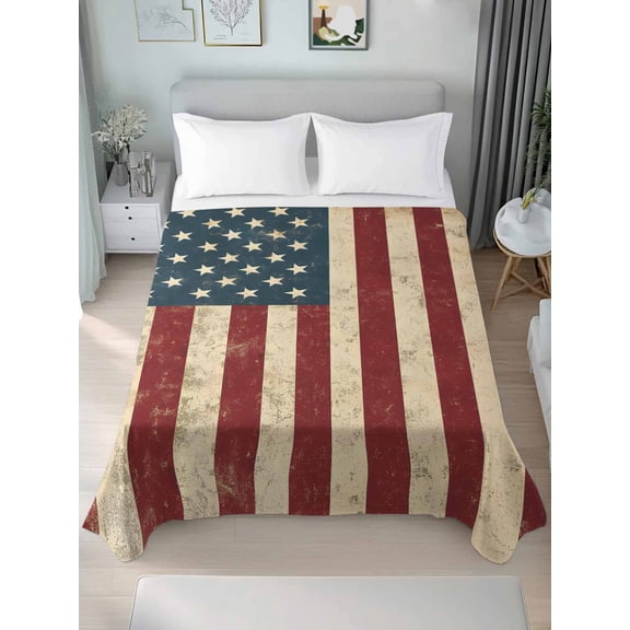 Retro Red Blue American Flag King Size Flat Sheet, Wrinkleproof & Fadeproof Cooling Flat Bed Sheet Only, US Flag Vintage Stars Breathable Soft Bedding Top Sheets 105 x 98 Inches