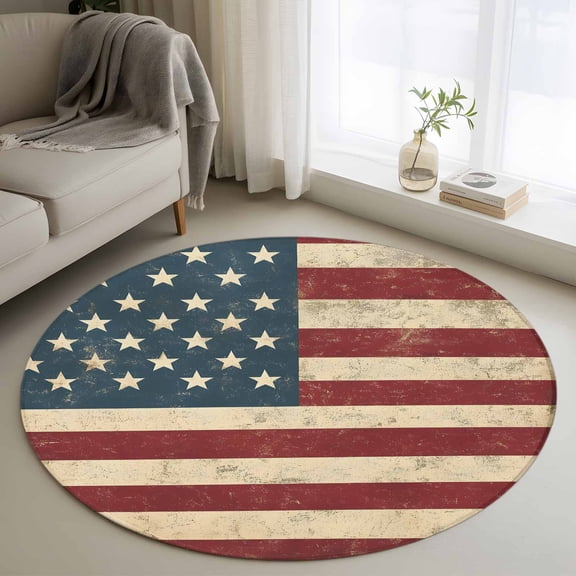 Retro Red Blue American Flag Round Area Rug 3.3 FT, Non Slip Small Entryway Kitchen Mat, US Flag Vintage Stars Washable Soft Circular Rug Non-Shedding Door Mat for Bathroom Playroom Kids Room