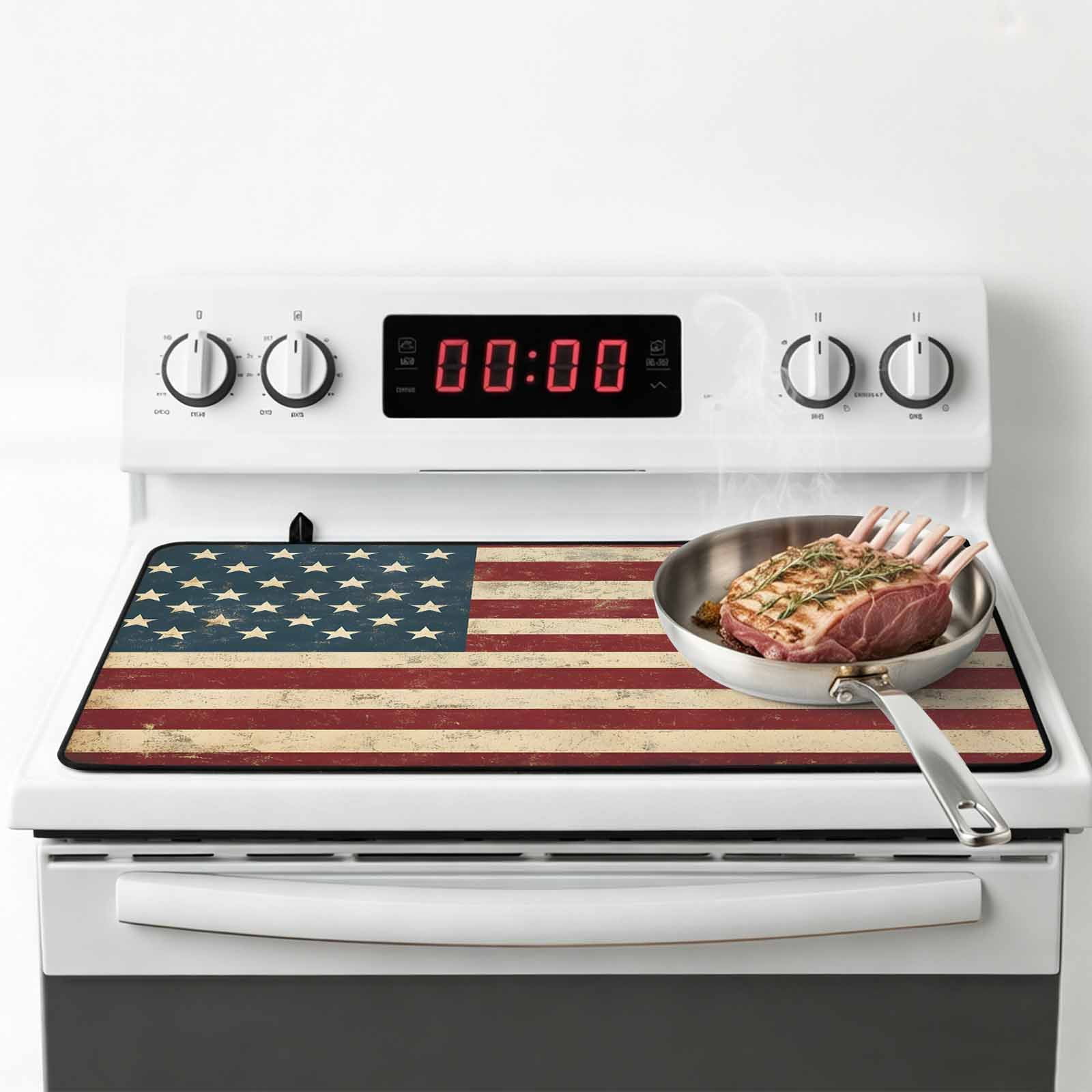 Retro Red Blue American Flag Stove Top Cover for Electric Stove, Heat-proof & Non Slip Glass Top Stove Cover Protector, US Flag Vintage Stars Kitchen Flat Cooktop Rubber Mat 24x21 Inches