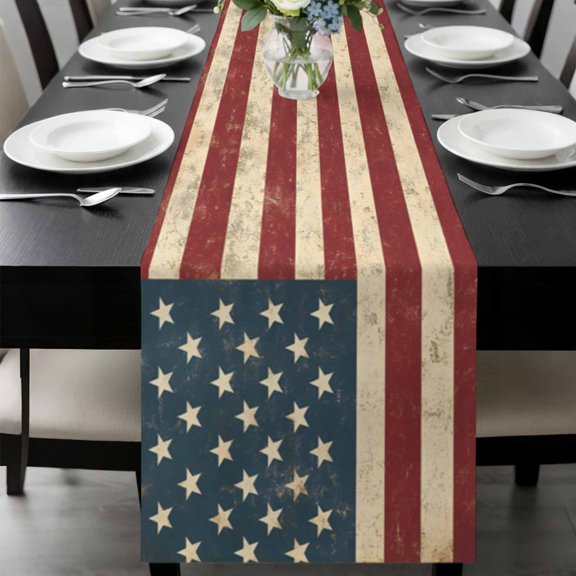 Retro Red Blue American Flag Table Runner 48 Inches Long, US Flag Vintage Stars Kitchen Coffee Dining Table Decoration for Home Party Birthday Wedding Home Decor 13x48 Inches