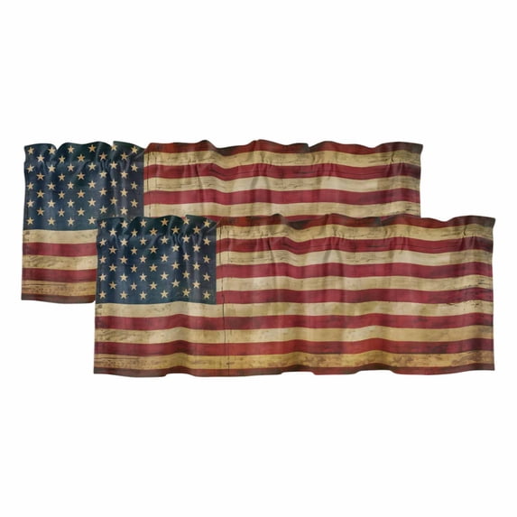 Retro Red Blue USA Flag Curtain Valances for Windows, Kitchen Valance Window Treatments Panel 2 Pack, American Flag Vintage Rod Pocket Short Curtains for Bathroom Bedroom 42 x 18 Inch