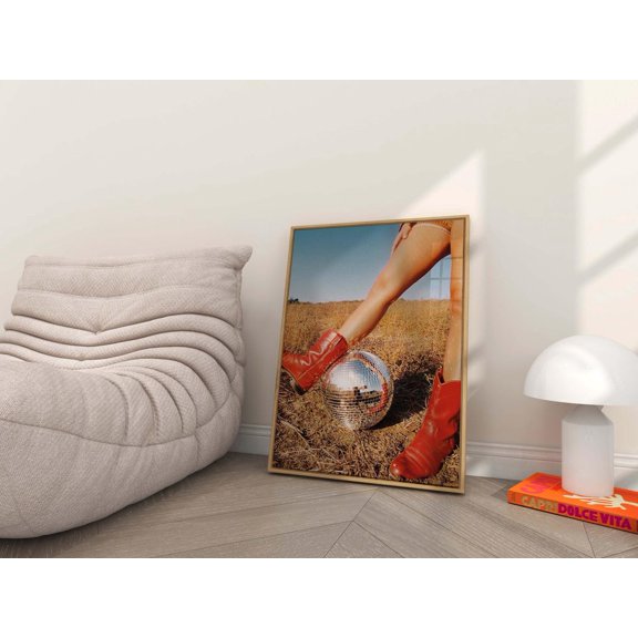 Retro Red Boots Disco Ball Vintage Fashion Western Chic Aesthetic Statement Home Decor, Unframed Poster