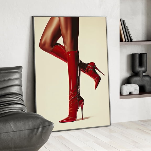 Retro Red Boots Wall Art, Trendy Feminist Minimal Decor, Unframed Paper Print Size 8x12
