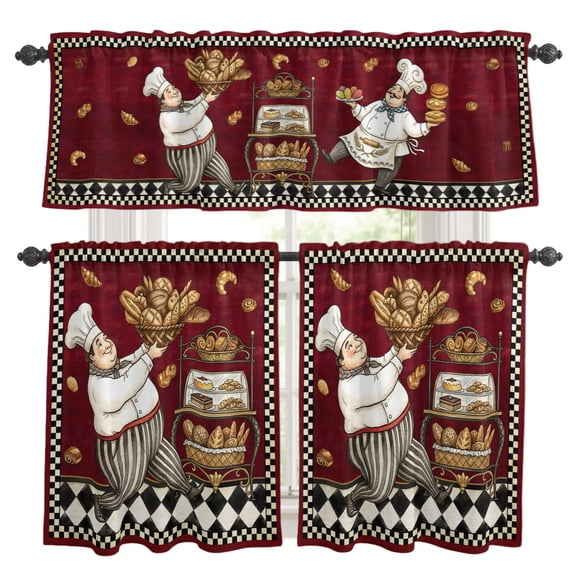 Retro Red Cartoon Chef Kitchen Curtains Valances 3 Pcs Set, Vintage Break Farmhouse Traditional Food Rustic Rod Pocket Tier Curtain and Valance Drapes for Small Window 36 Inch Length for Bedroom Cafe