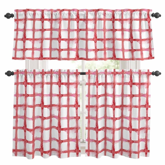 Retro Red Checkered Kitchen Curtains Valance and Tier Set Watercolor Lines Geometric Minimalist Rod Pocket Short Curtains for Small Window 3 Pieces Set for Bedroom Bathroom Cafe (54" x 18"+27" x 24")