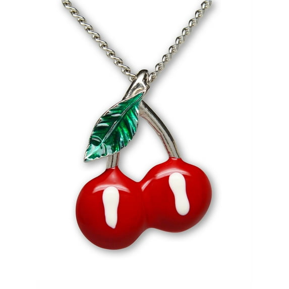 Retro Red Cherries with Green Leaf Pewter Pendant Necklace by Real Metal NK-450